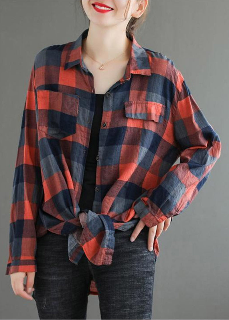 Red Pockets Peter Pan Collar Plaid Button Shirt Long Sleeve