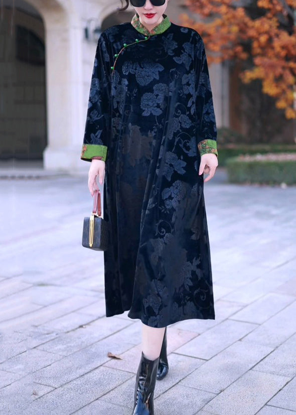 Black Stand Collar Print Silk Velour Long Dress Winter