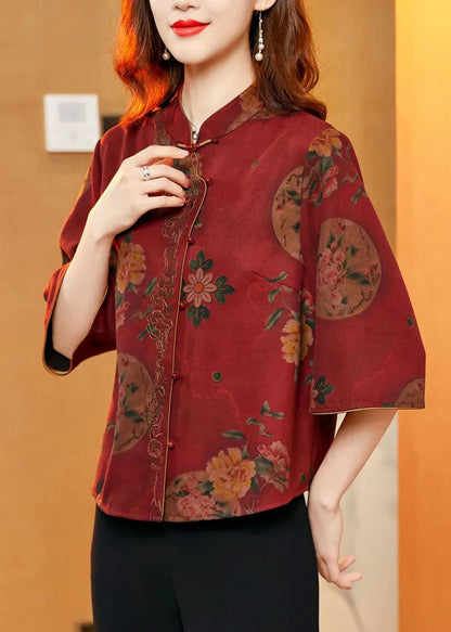 Red Oriental Silk Shirt and Wide Leg Pants Two Piece Set Button Summer
