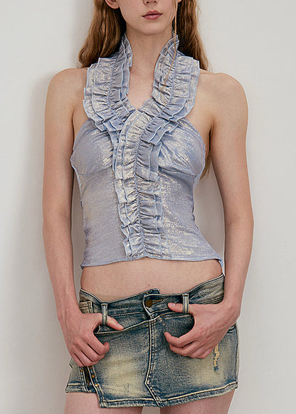 Stylish Blue Ruffled Backless Tulle Patchwork Top Summer