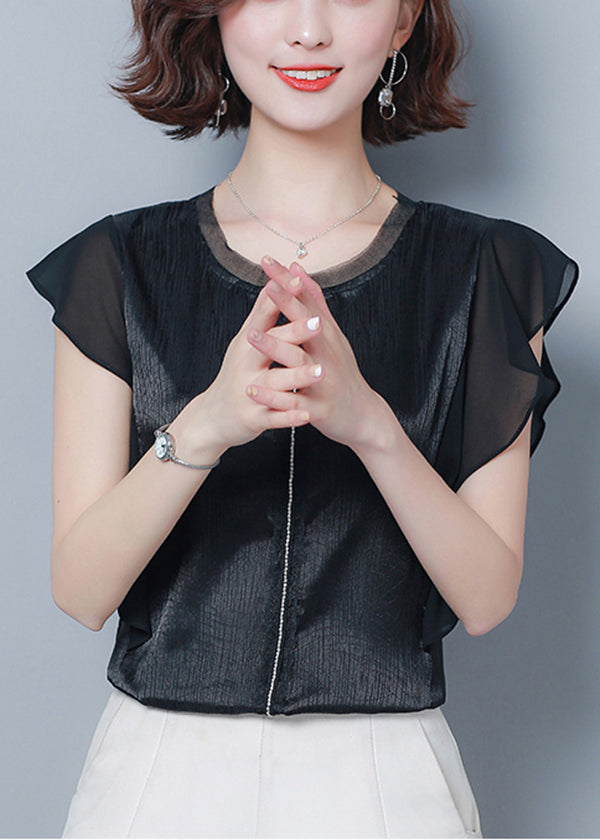 French Black O-neck Patchwork Ruffles Silk Blouse Top Summer
