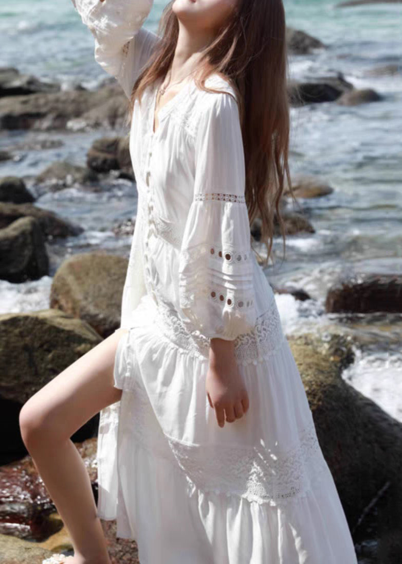 Red Hollow Out Lace Button Shirts Dress Lantern Sleeve