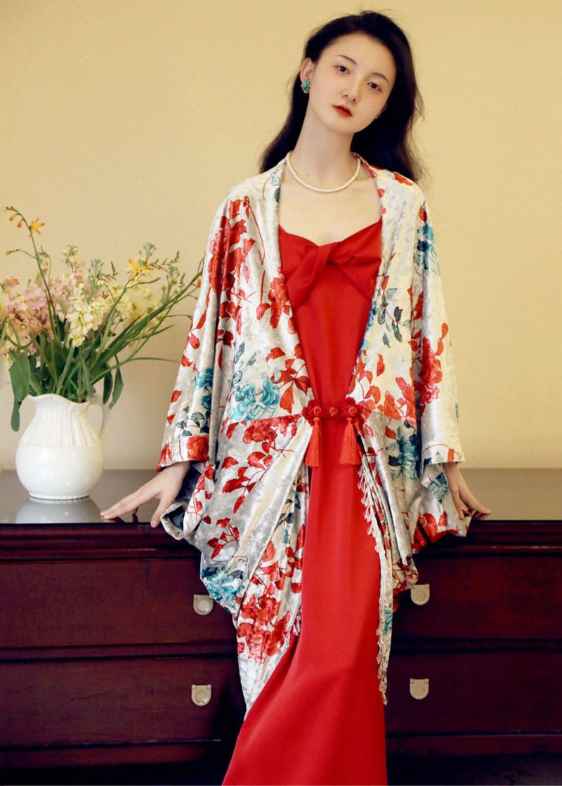 Red Print Cardigans and Slip Dress Two Pieces Set Fall
