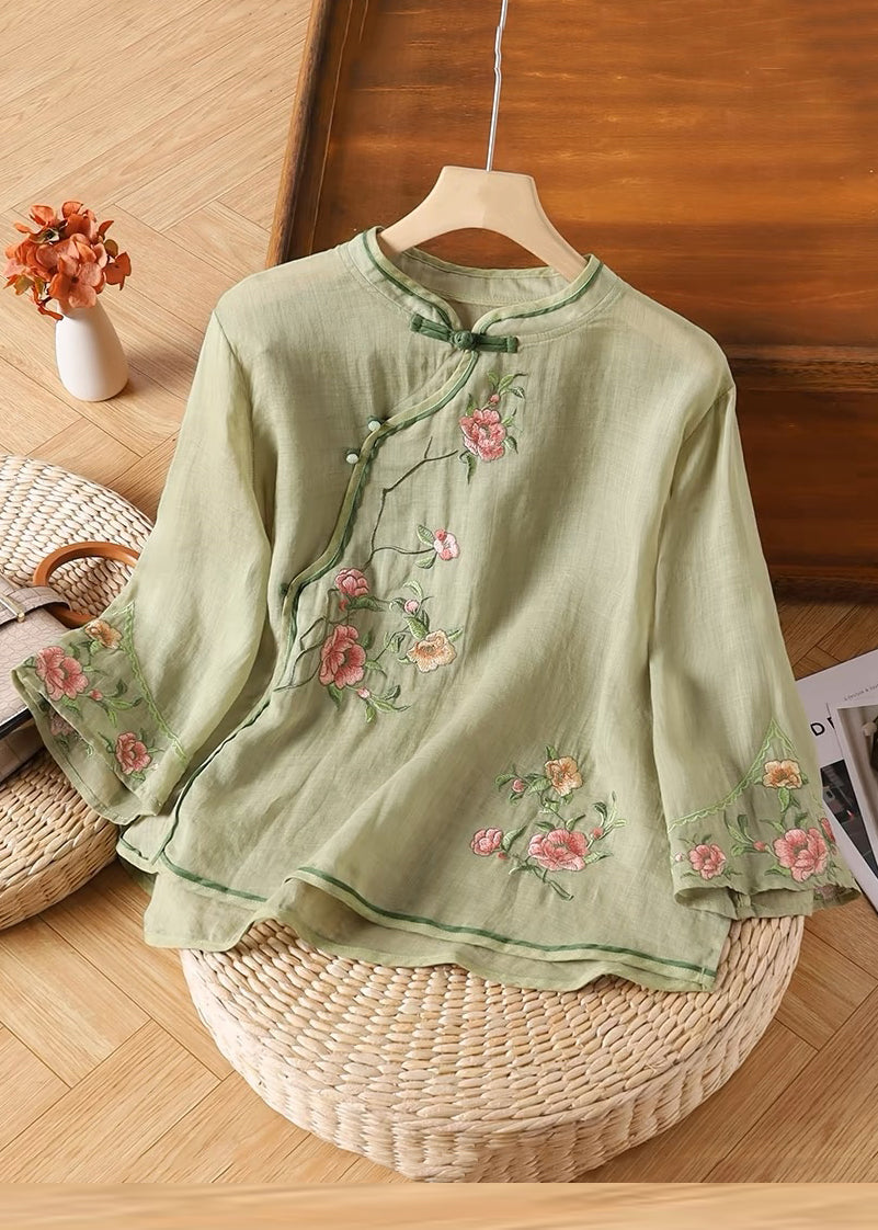 Handmade Yellow Embroidered Button Linen Shirt Bracelet Sleeve Fall