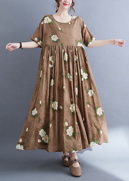 Modern Coffee O-neck Print Long Dress Summer