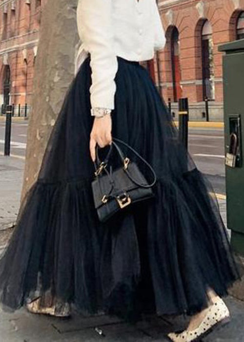 Italian Black High Waist Tulle Skirt Spring