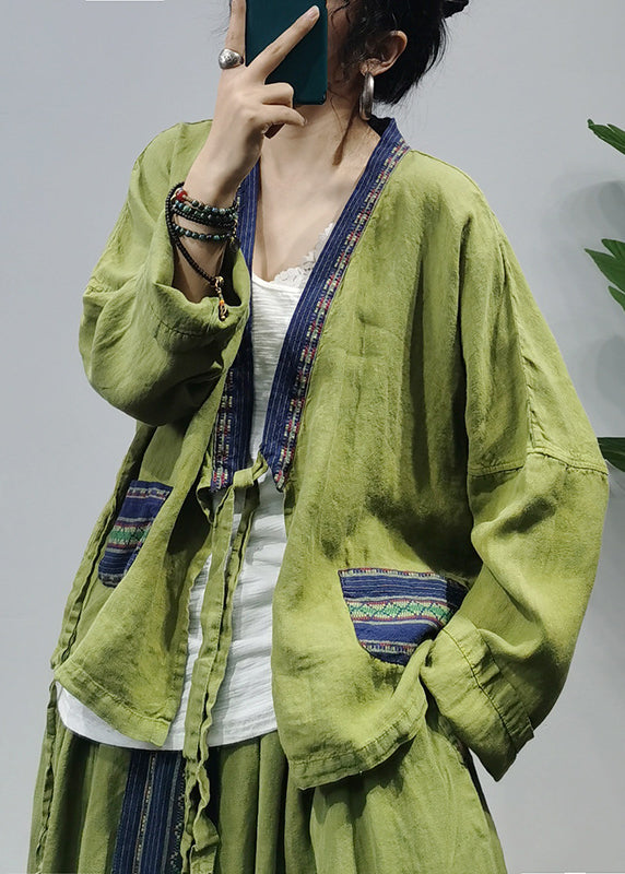 Green V Neck Linen Shirt Top Loose Skirt Sets Two Pieces Long Sleeve