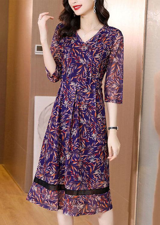 Purple V Neck Wrinkled Tulle Patchwork Print Chiffon Dresses Half Sleeve