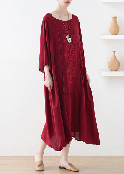 Natural Red O-neck Print Draping Long Dress Fall