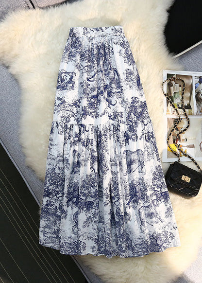 Season New Elastic Waist Retro Blue Print Ruffled Big Swing Skirt