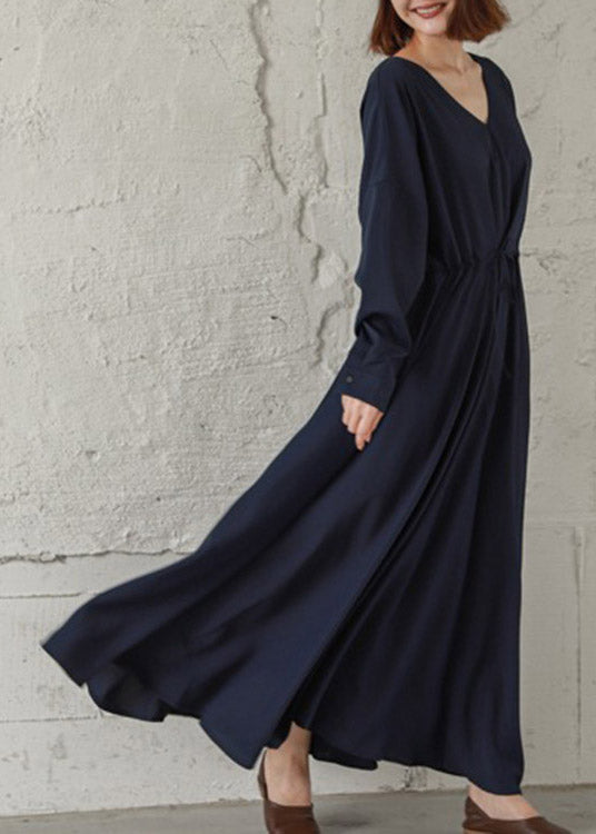 Navy Cinched V Neck Cinched Cotton Maxi Dresses Fall