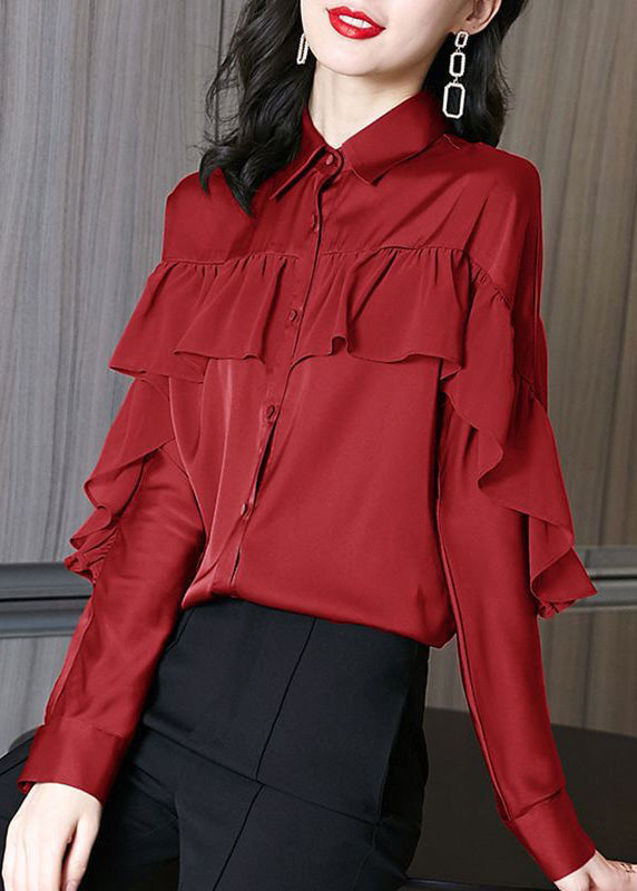 Red Peter Pan Collar Ruffled Patchwork Silk Shirts Spring