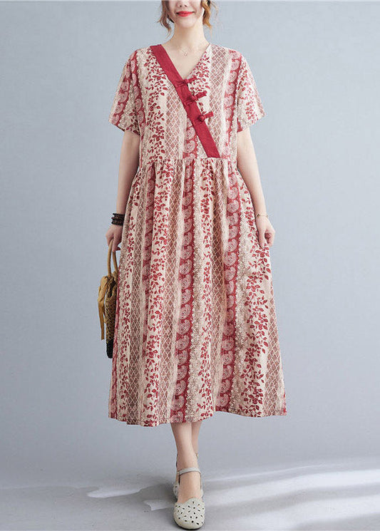 Red V Neck Print Button Long Dress Short Sleeve