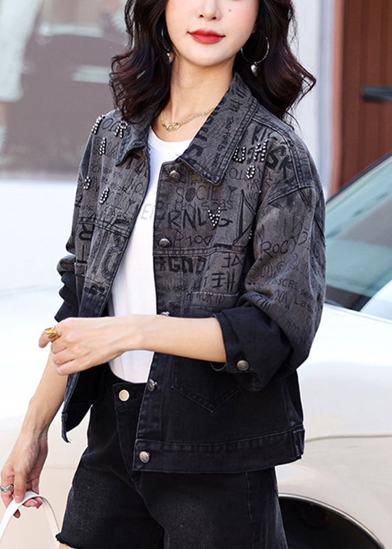Stylish Black Graphic Print Nail Bead Denim Coat Spring