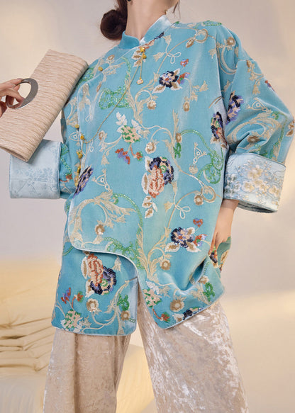 Fine Blue Embroidered Sequins Silk Velour Oriental Coat Fall