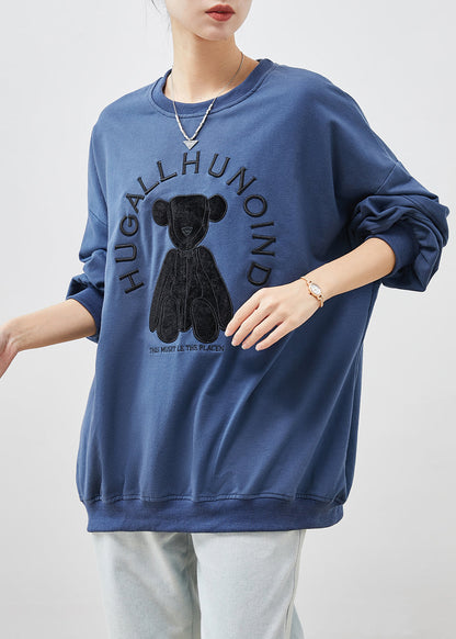 Blue Embroideried Oversized Cotton Pullover Spring