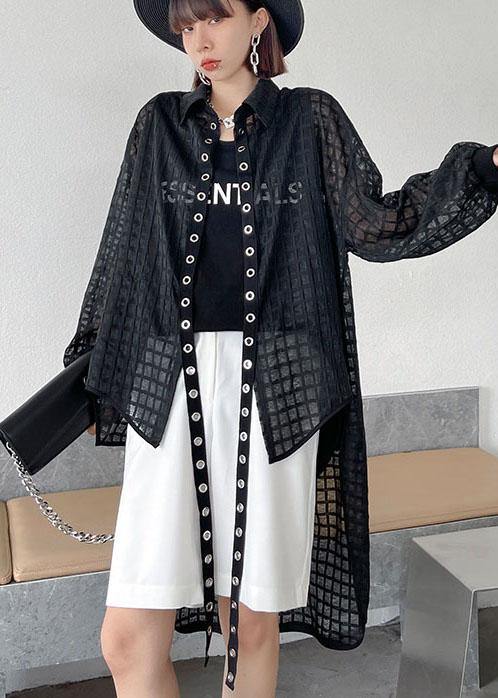 Natural Black Peter Pan Collar Low High Design Long Sleeve Shirt Top Summer