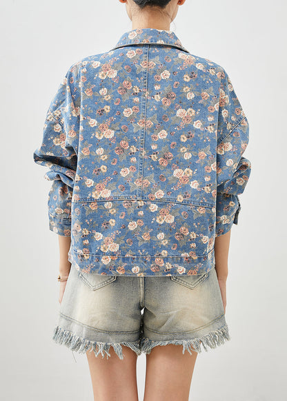 Blue Peter Pan Collar Print Denim Coats Spring