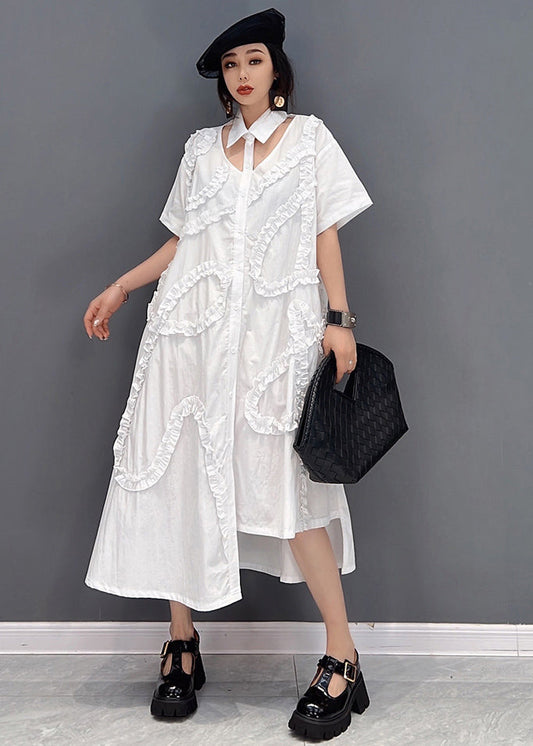 Original White Asymmetrical Design Ruffled Cotton Shirt Dress Short Sleeve