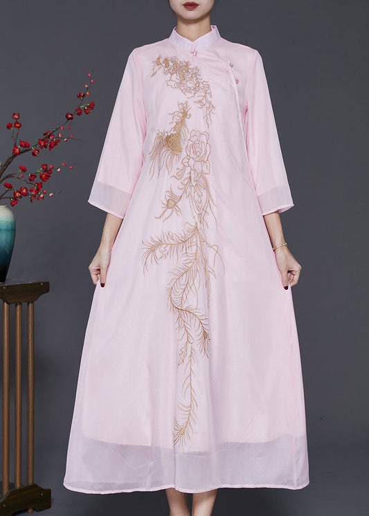 Organic Pink Embroidered Chiffon a Line Dress Bracelet Sleeve