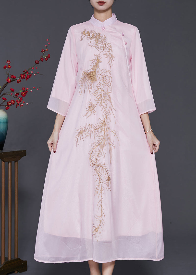 Organic Pink Embroidered Chiffon a Line Dress Bracelet Sleeve