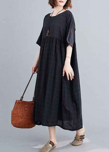 Loose Black O-neck Plaid Patchwork Maxi Dresses Summer