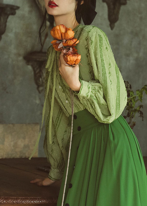 Green Embroideried Lace Up Cotton Shirt Top Spring