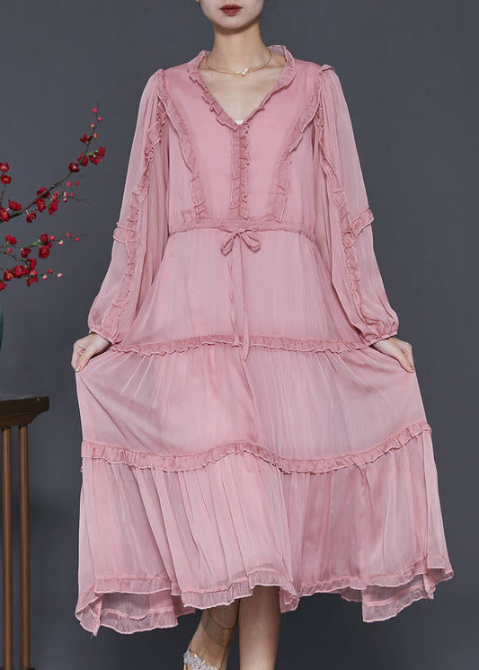Pink Ruffled Tie Waist Chiffon Vacation Dresses Spring