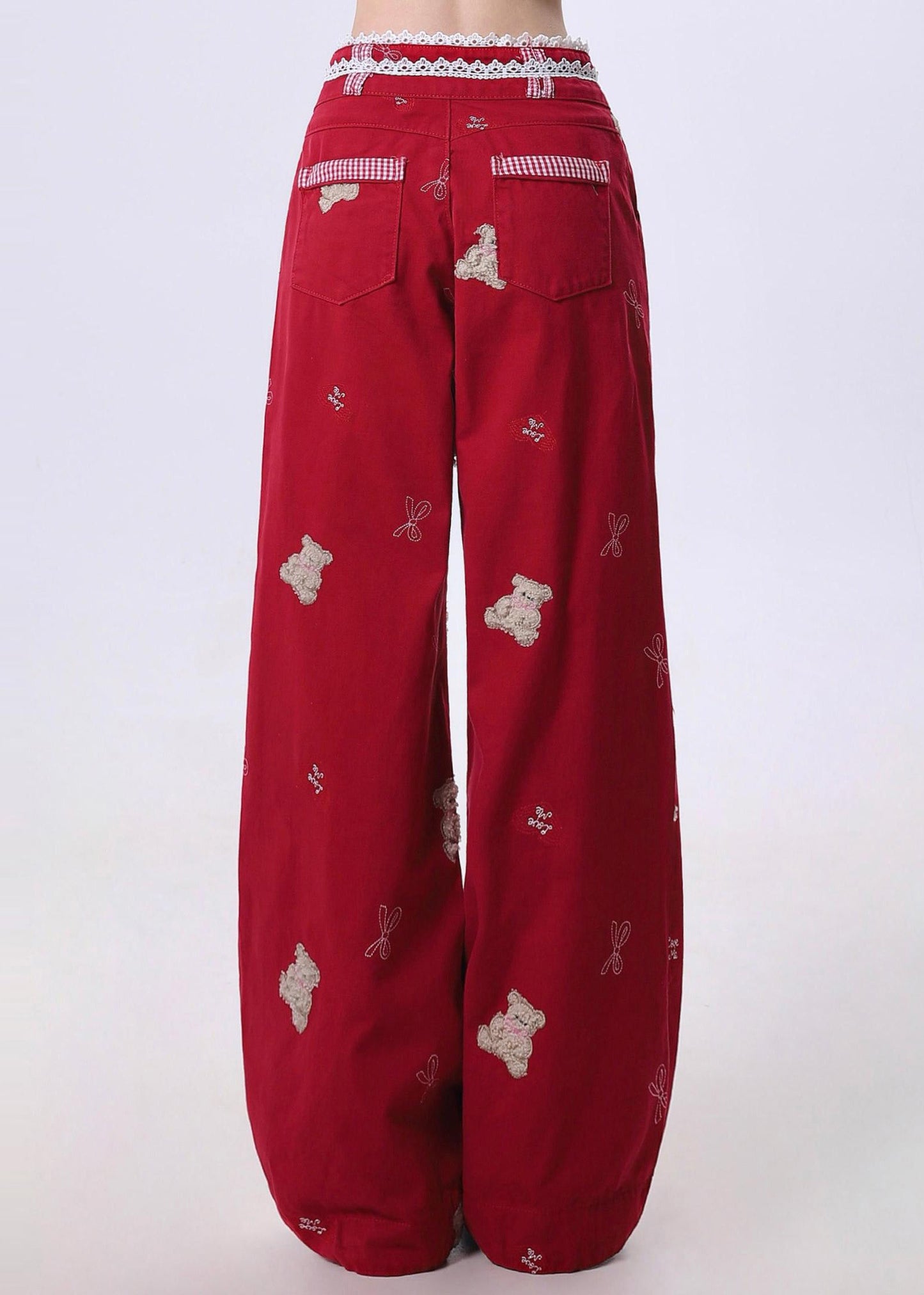 Red Embroidered Patchwork Denim Pants Spring