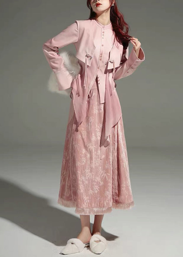 Pink Tulle Patchwork Shirts and Maxi Skirts Two Piece Set Long Sleeve