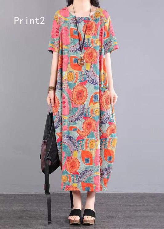 O Neck Print Pockets Patchwork Cotton Dress Summer