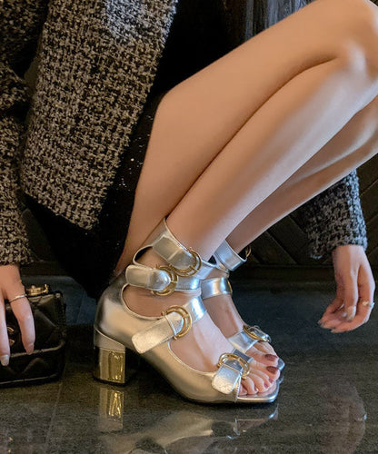 Silver Cowhide Leather Hollow Out Splicing Sandals