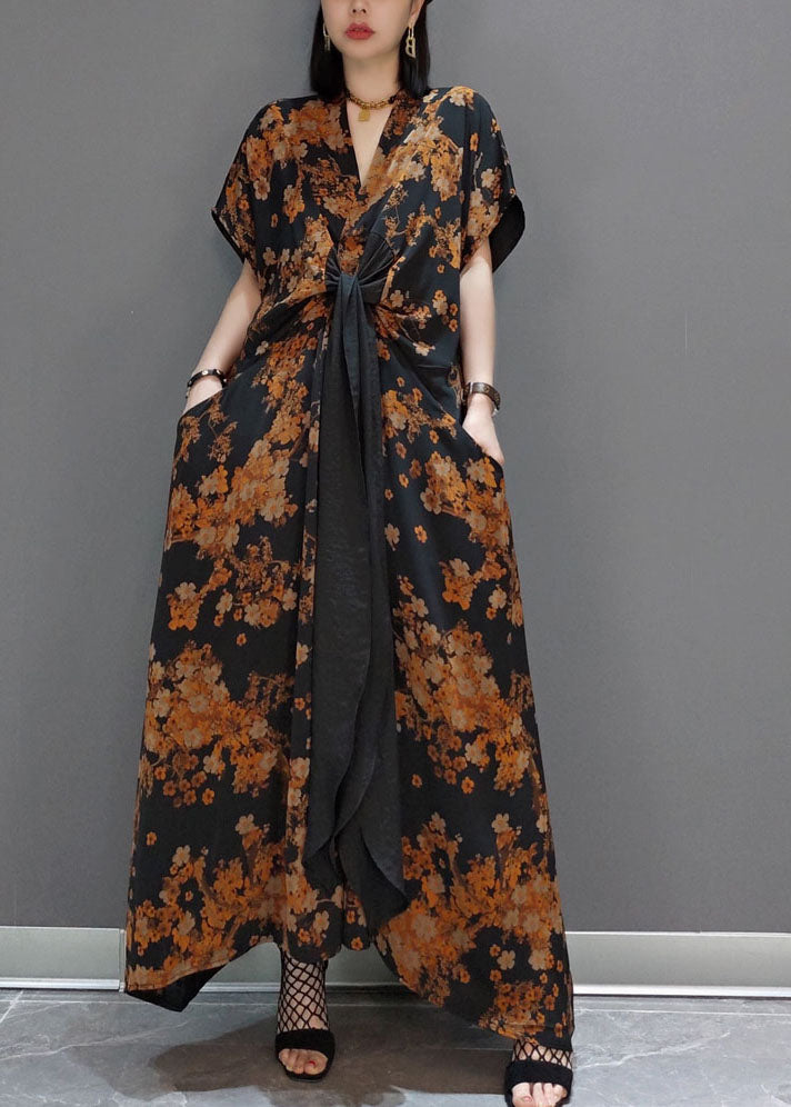 Yellow Tie Waist Print Silk Long Dress Spring