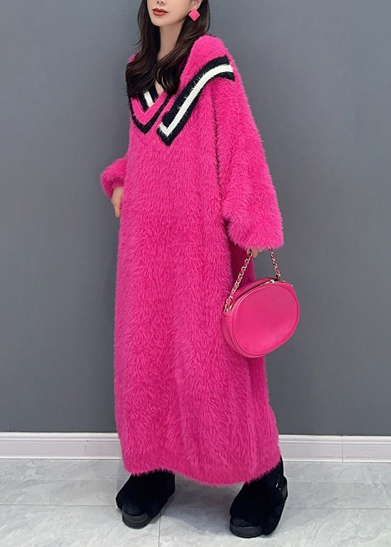 New Rose V Neck Patchwork Mink Velour Maxi Dresses Long Sleeve