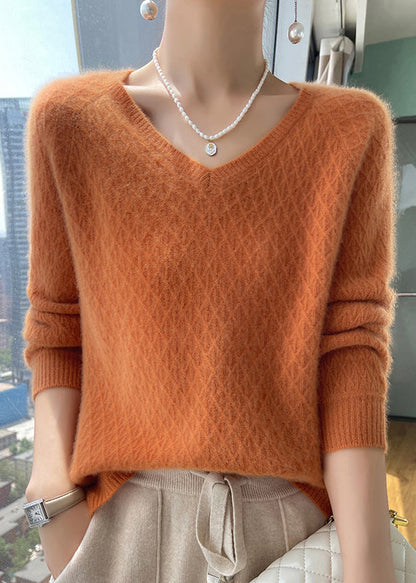 Versatile Pink V Neck Knit Sweaters Top Winter