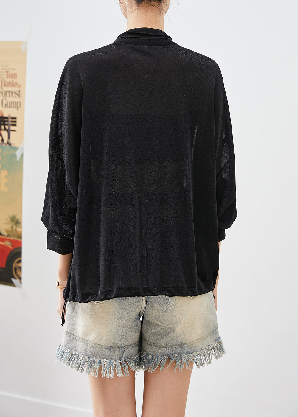 Black V Neck Drawstring Wrinkled Upf 50+ Coat Fall