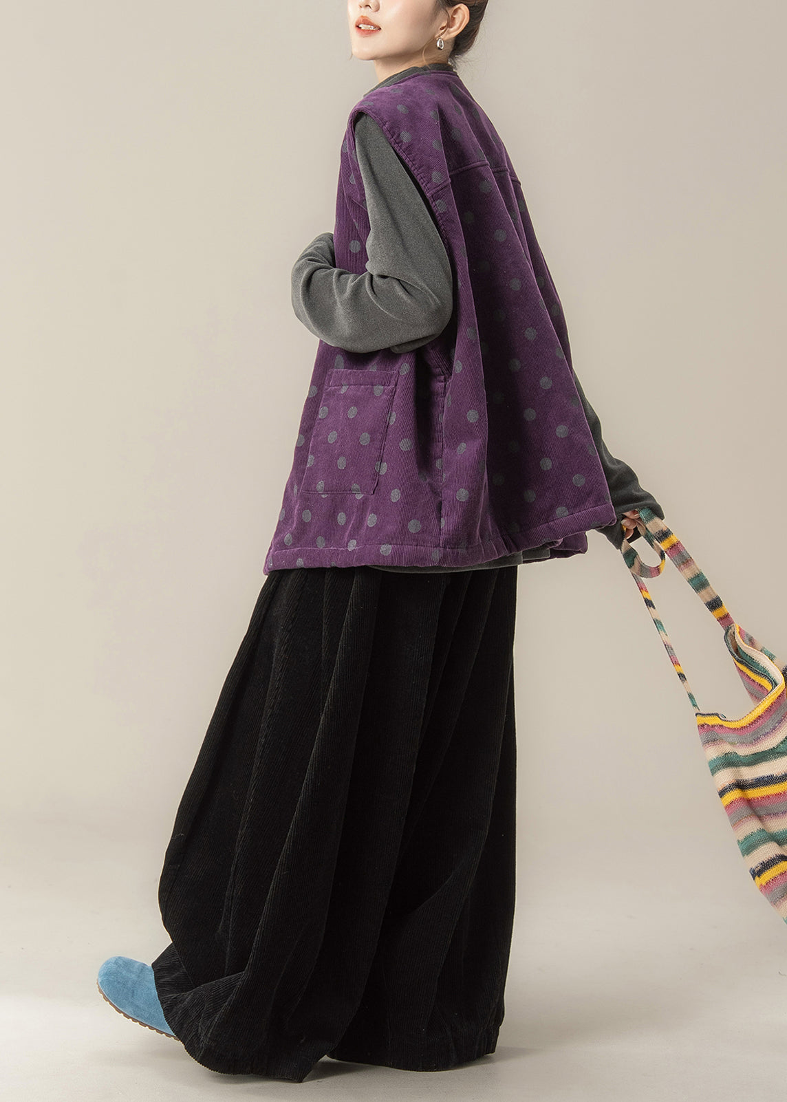 Italian Purple Corduroy Vest Pants and T Shirt Threepiece Set Winter