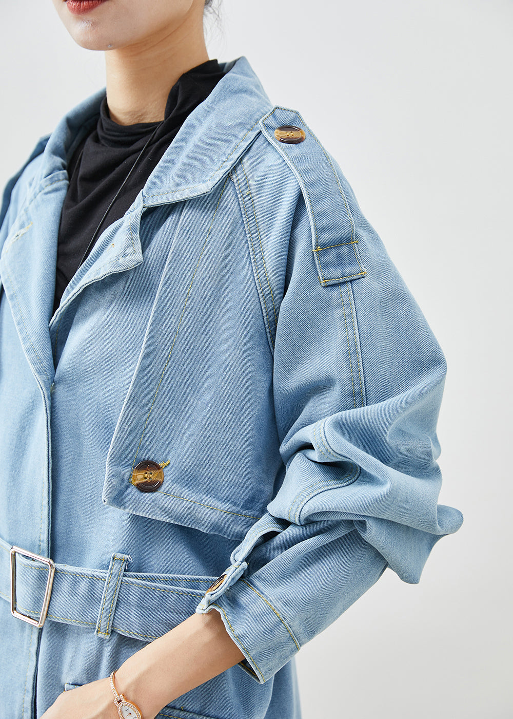 Italian Light Blue Notched Tie Waist Denim Trench Coat Spring