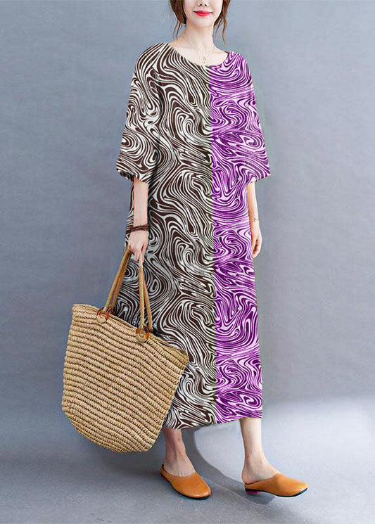 Purple Block Loose O-neck Print Summer Side Open Dress Half Sleeve