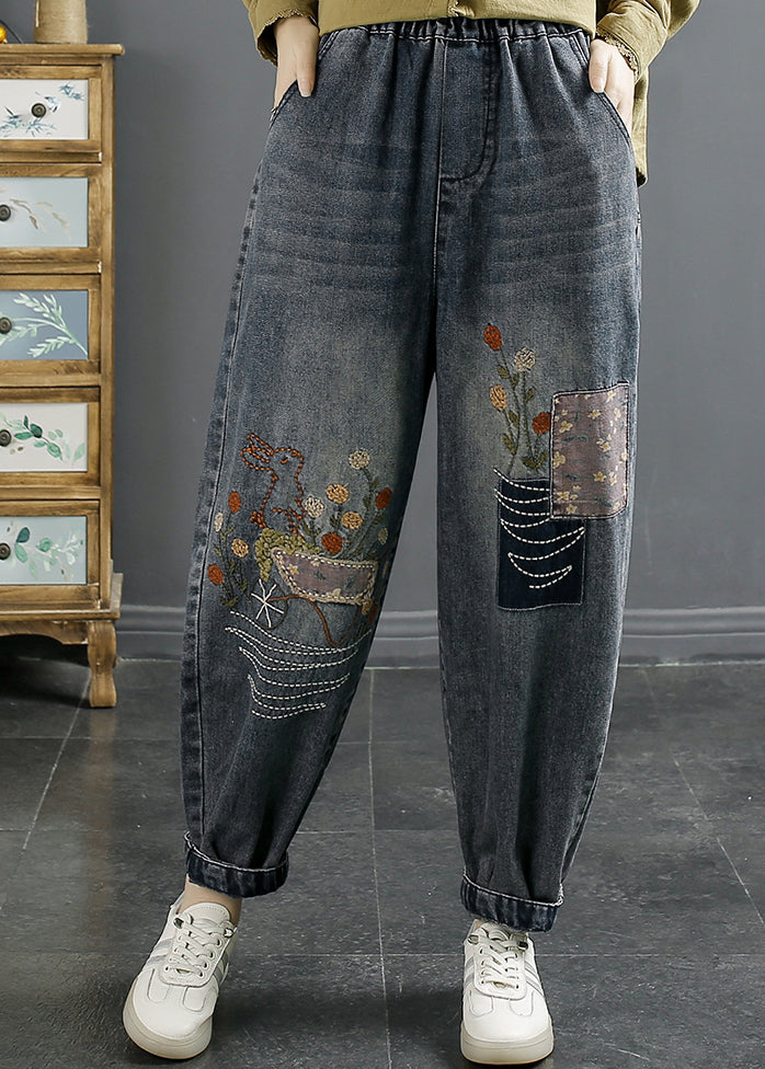 Natural Blue Embroideried Pockets Elastic Waist Denim Pants Fall