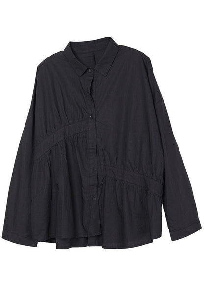 Italian Black Peterpan Collar Wrinkled Button Fall Shirt Long Sleeve