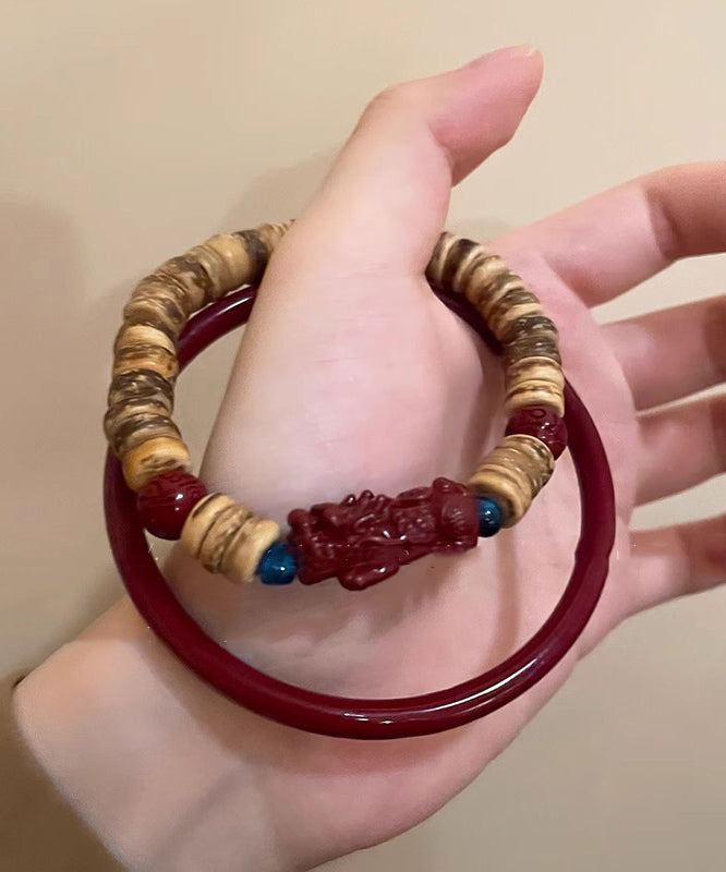 Handmade Red Cinnabar Bracelet and Coconut Shell a Mythical Wild Animal Two Piece Set Bangle