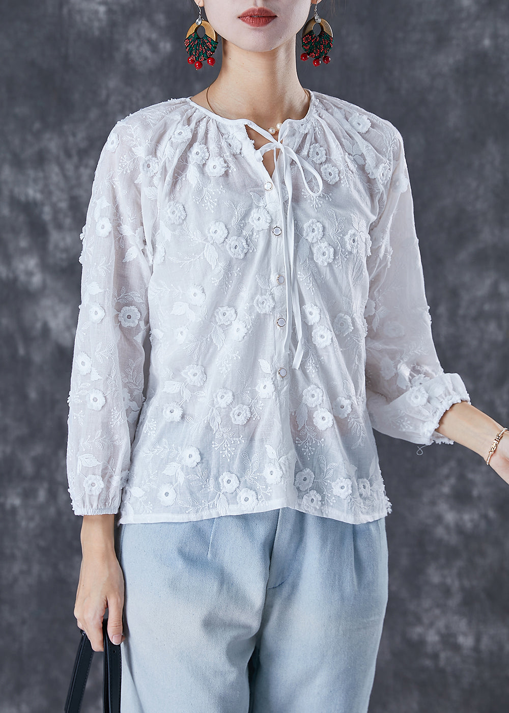 White Embroideried Lace Up Cotton Tops Fall