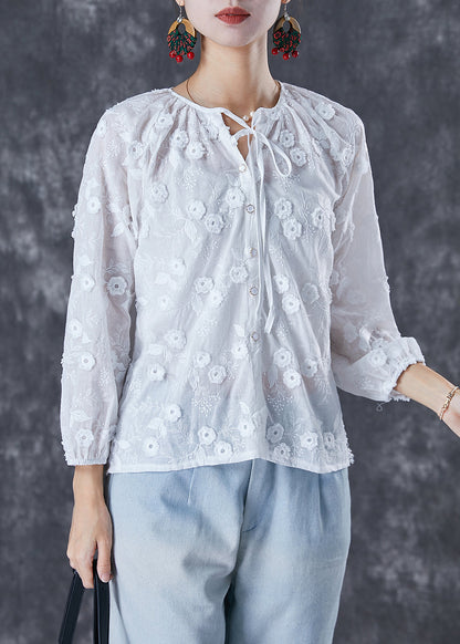 White Embroideried Lace Up Cotton Tops Fall
