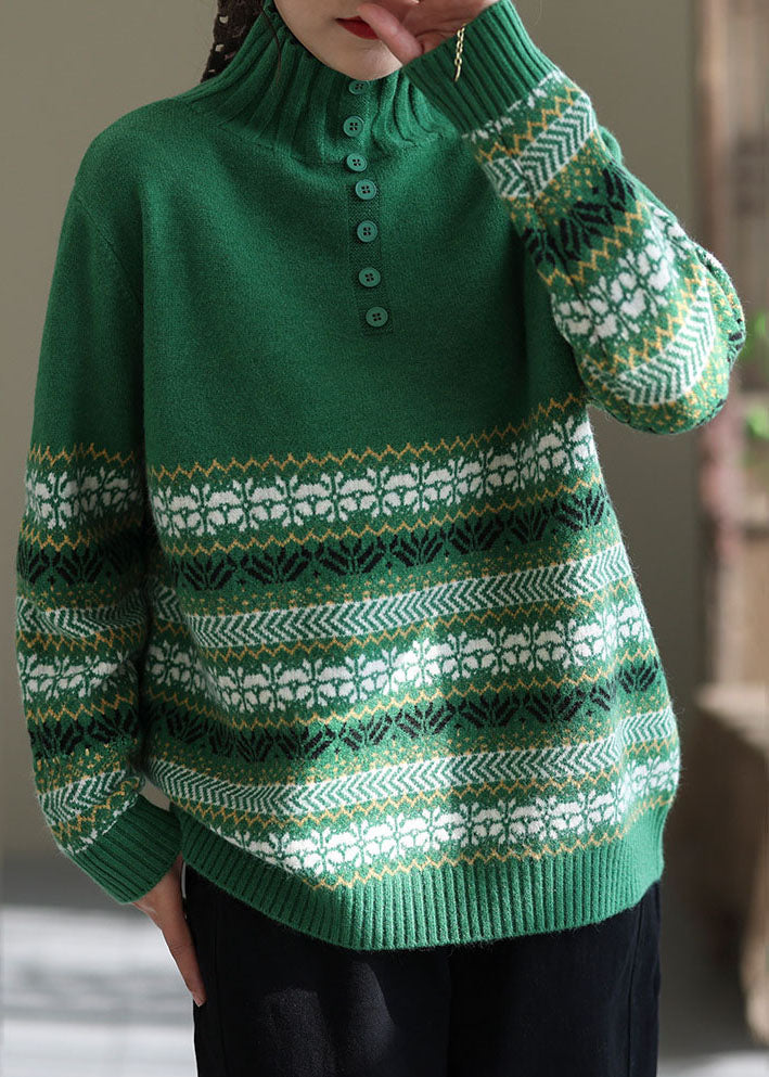 Green High Neck Print Knit Pullover Spring