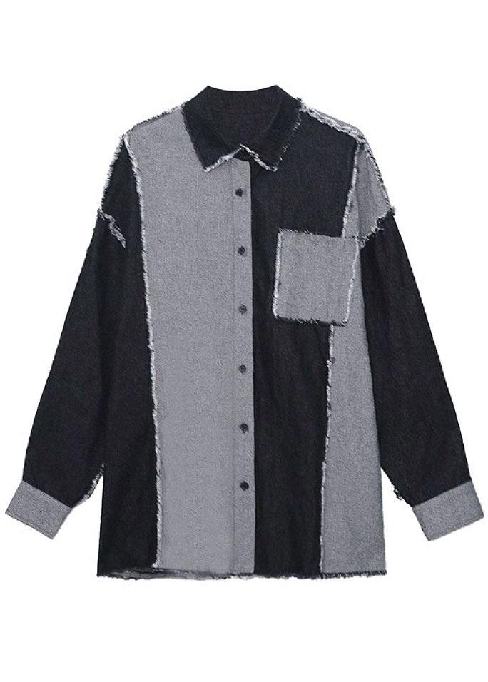 Organic Black Peter Pan Collar Button Pockets Fall Patchwork Denim Shirt Tops Long Sleeve