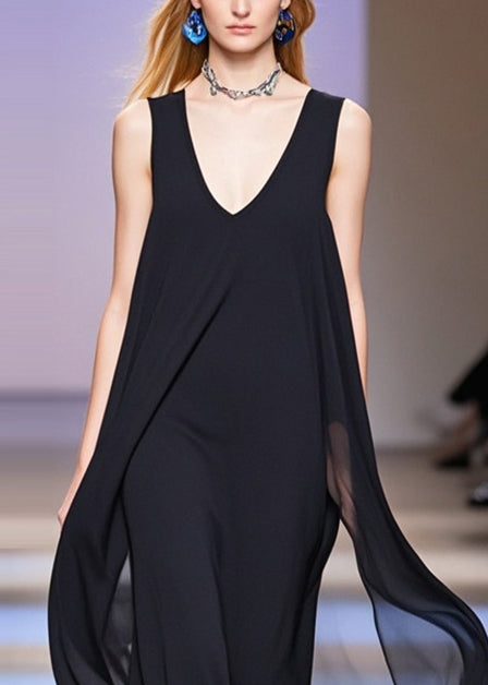French Black Oversized Draping Chiffon Maxi Dresses Sleeveless Summer