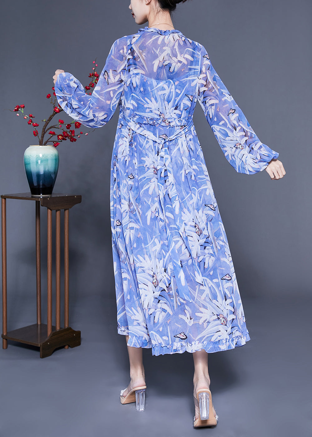 Blue Ruffled Print Exra Large Hem Silk Beach Dresses Lantern Sleeve