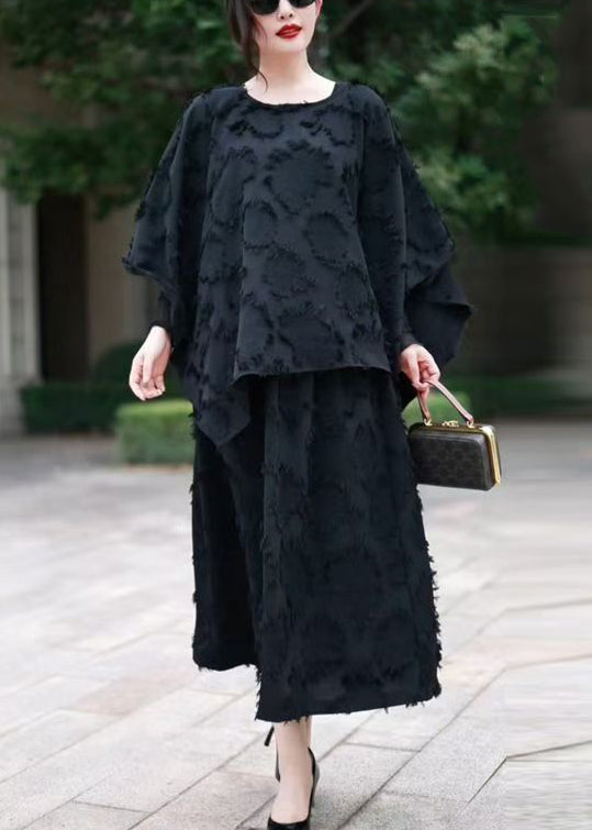 Loose Black O Neck Tops and Skirts Cotton Sets 2 Pieces Fall