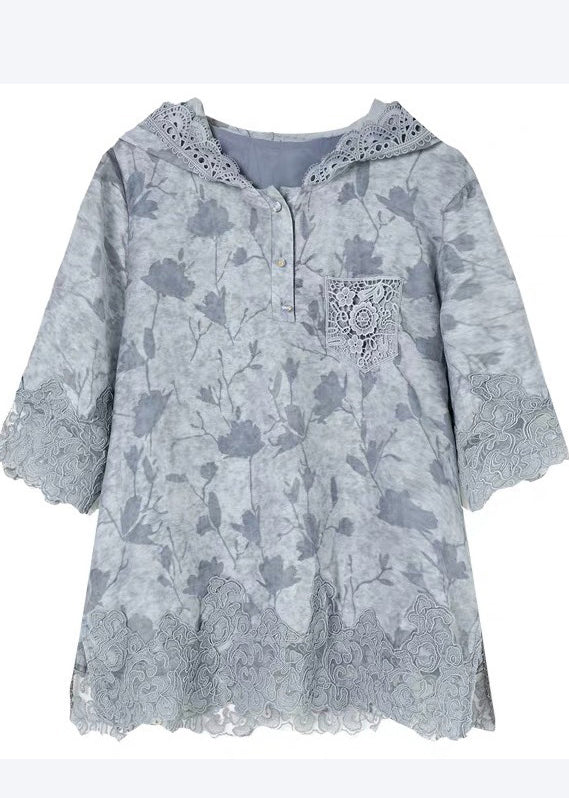 Blue Hooded Patchwork Lace Loose Sweatshirt Summer
